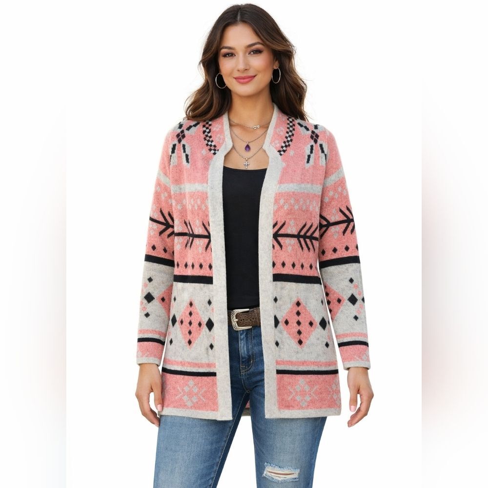 Rock & Roll Cowgirl Tribal Print Open Front Cardigan, Taupe Black Pink, M